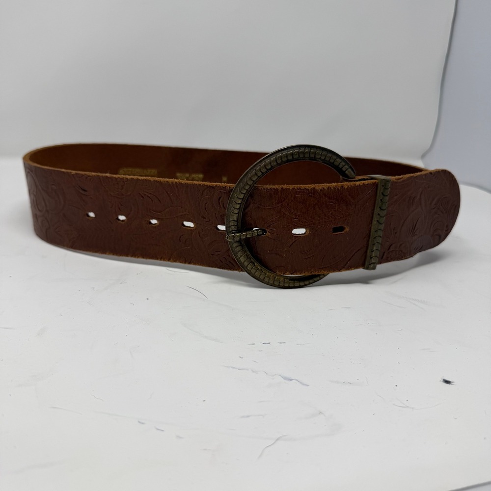 Antoniazzi Firenze Floral Embossed Leather Round Buckle Belt Brown Womens Size M